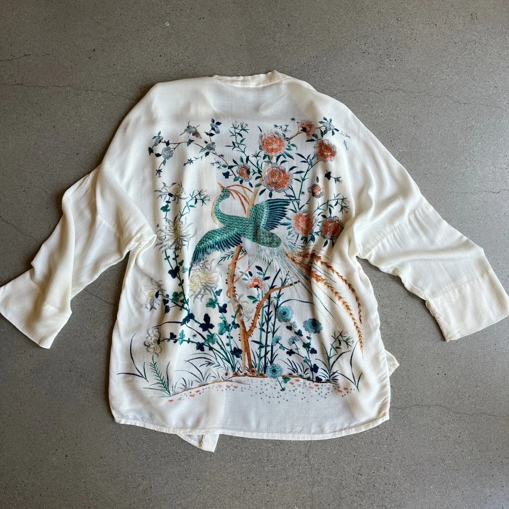 JENS PIRATE BOOTY x FREE PEOPLE BOHO FLORAL PEACOCK CRANE KIMONO ANTHROPOLOGIE - Picture 1 of 9